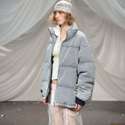 Washed Denim Stand Up Collar White Duck Down Jacket