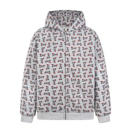 Digital print letter zip  hooded cardigan sweatshirt