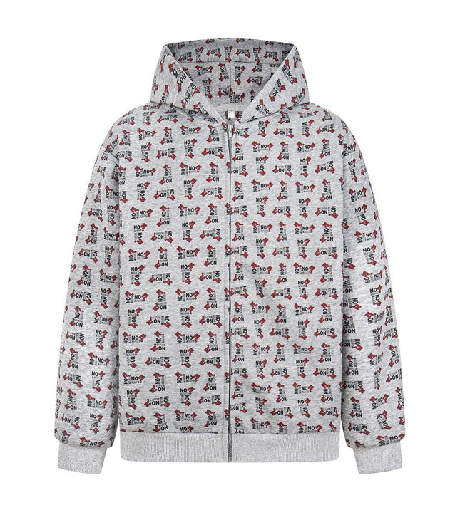 Digital print letter zip  hooded cardigan sweatshirt