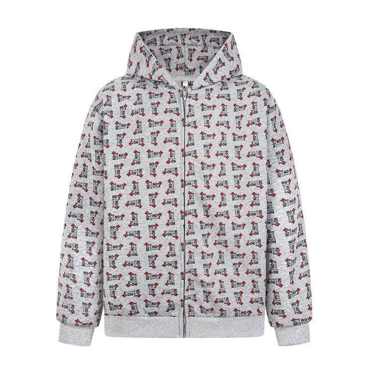 Digital print letter zip  hooded cardigan sweatshirt