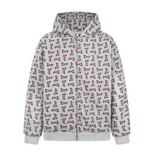 Digital print letter zip  hooded cardigan sweatshirt