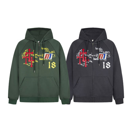 Distressed Letter Print Embroidered Hooded Sweatshirt