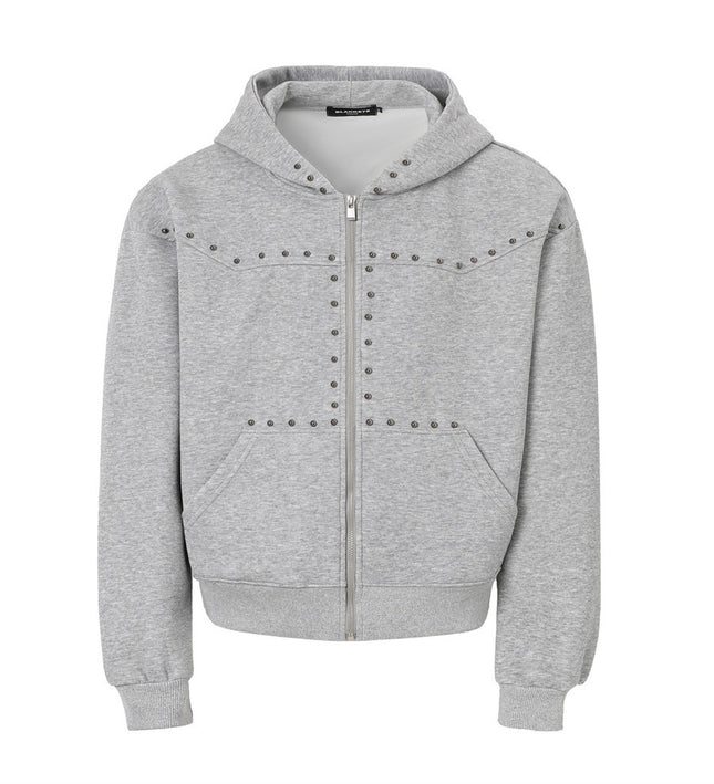 American trendy hooded sweatshirt men's autumn and winter heavy 400G design metal studded loose jacket
