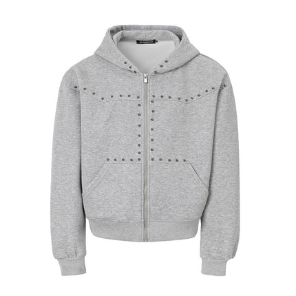 American trendy hooded sweatshirt men's autumn and winter heavy 400G design metal studded loose jacket