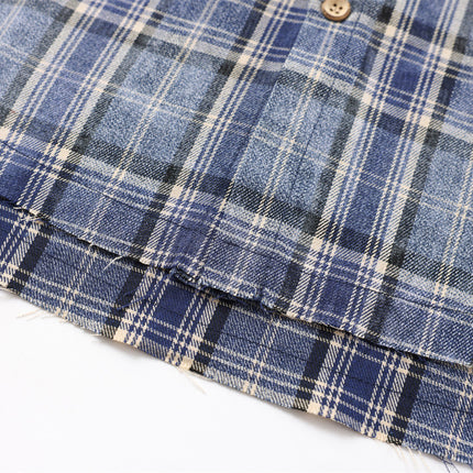 distressed plaid long-sleeved shirt  washed raw lapel shirt
