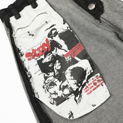 reversed, wearing large pocket printed jeans