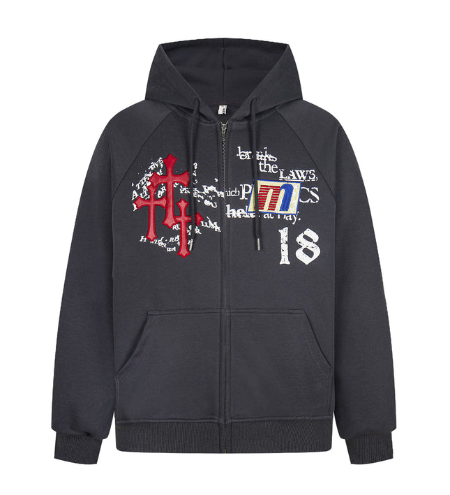 Distressed Letter Print Embroidered Hooded Sweatshirt