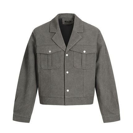 Plain cropped jacket men's solid color loose casual cleanfit high street trendy American suit collar cargo jacket