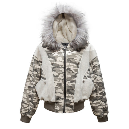 Fur collar camouflage, deconstructed splicing, thickened cargo jacket