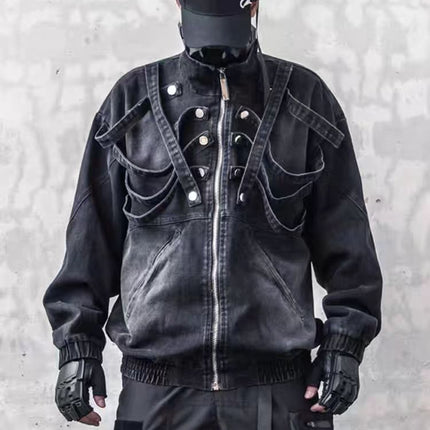 Dark retro washed shoulder pads ripped denim jacket