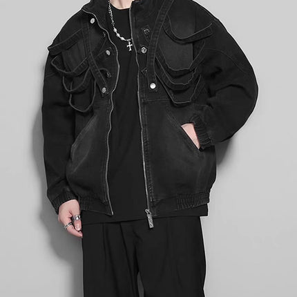 Dark retro washed shoulder pads ripped denim jacket