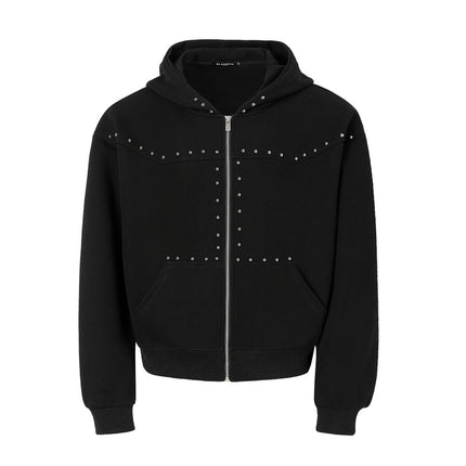 American trendy hooded sweatshirt men's autumn and winter heavy 400G design metal studded loose jacket