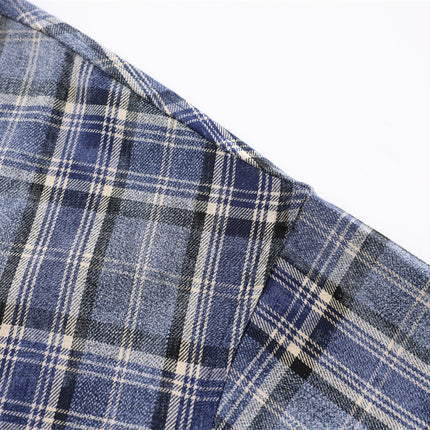 distressed plaid long-sleeved shirt  washed raw lapel shirt