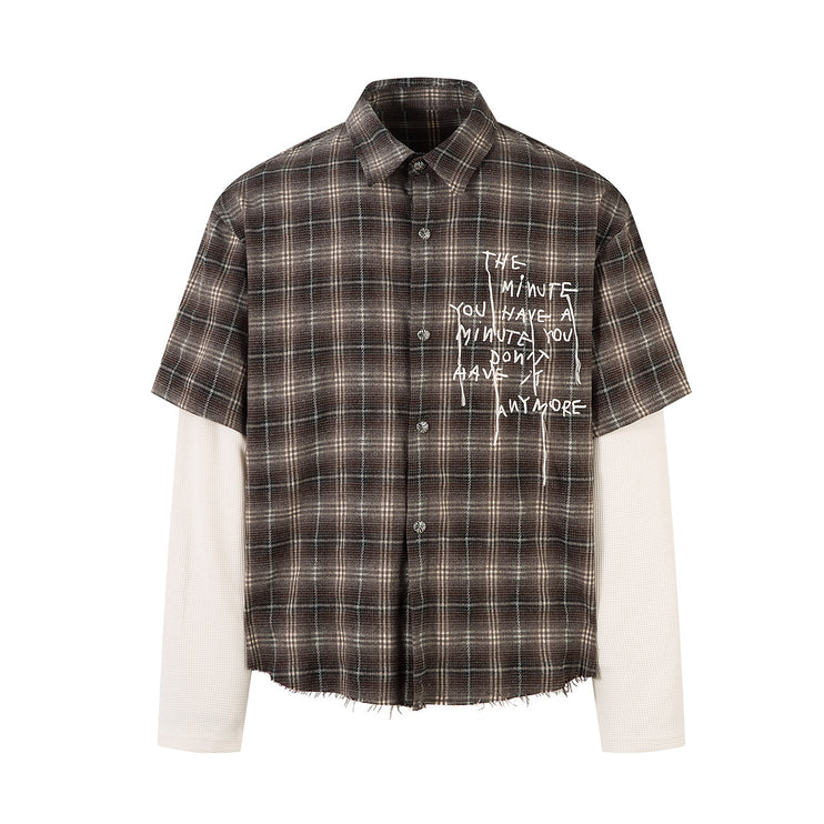 Jiayiku men's clothing 2025 autumn new American street trendy brand fake two pieces of broken ruffian handsome plaid shirt with long sleeves