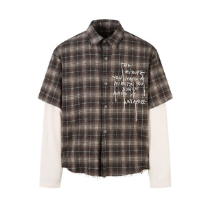 Jiayiku men's clothing 2025 autumn new American street trendy brand fake two pieces of broken ruffian handsome plaid shirt with long sleeves