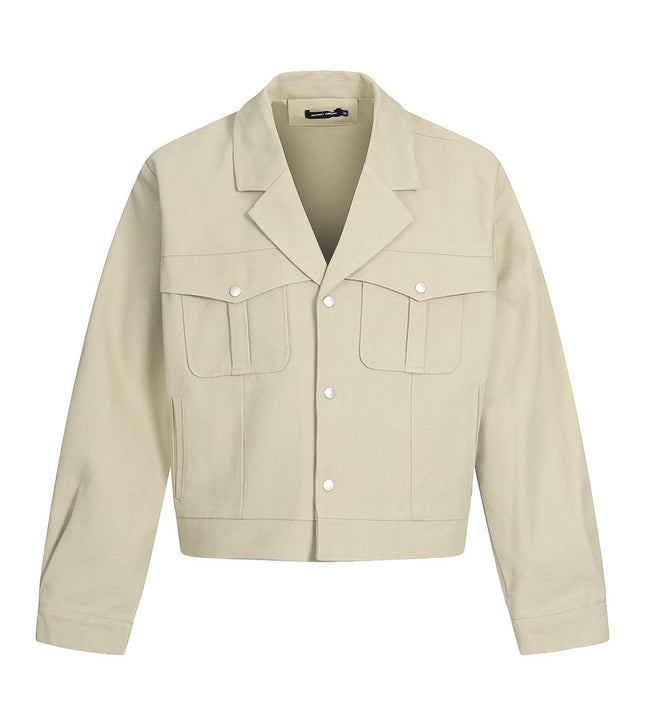 Plain cropped jacket men's solid color loose casual cleanfit high street trendy American suit collar cargo jacket