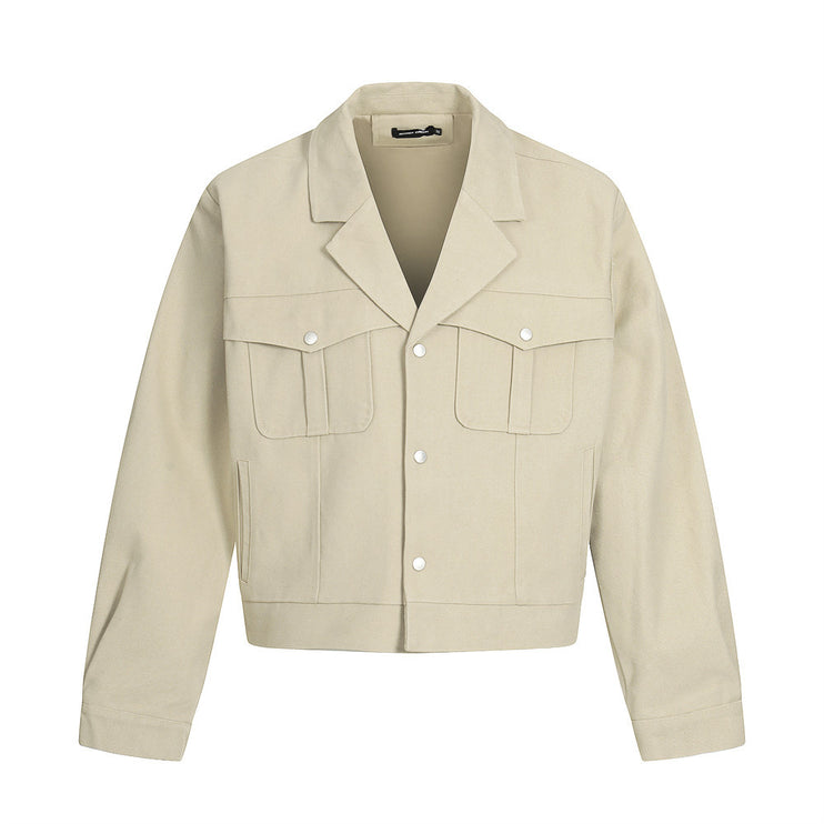 Plain cropped jacket men's solid color loose casual cleanfit high street trendy American suit collar cargo jacket