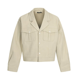 Plain cropped jacket men's solid color loose casual cleanfit high street trendy American suit collar cargo jacket