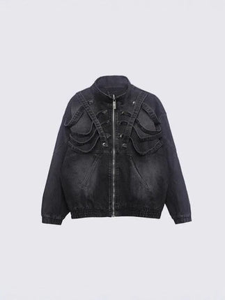Dark retro washed shoulder pads ripped denim jacket