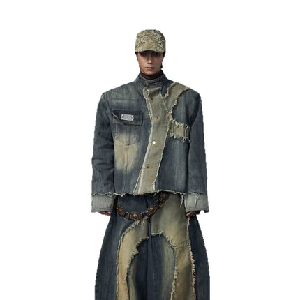 stand collar structure Unisex denim jacket & scimitar jeans