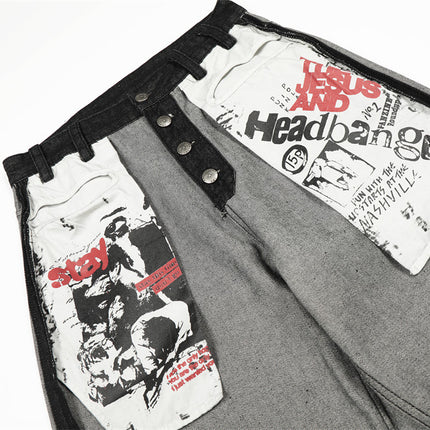 reversed, wearing large pocket printed jeans