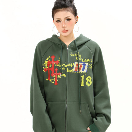 Distressed Letter Print Embroidered Hooded Sweatshirt