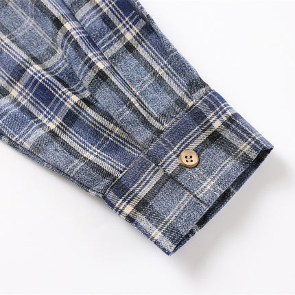 distressed plaid long-sleeved shirt  washed raw lapel shirt