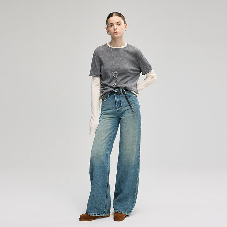 big cow fabric American retro heavy trend slimming wide-leg floor-length pants