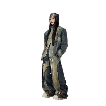 stand collar structure Unisex denim jacket & scimitar jeans
