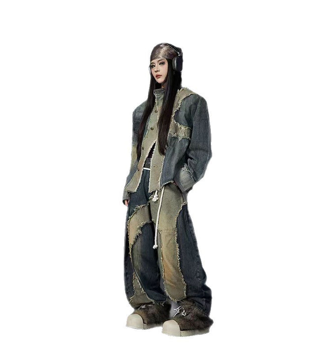 stand collar structure Unisex denim jacket & scimitar jeans