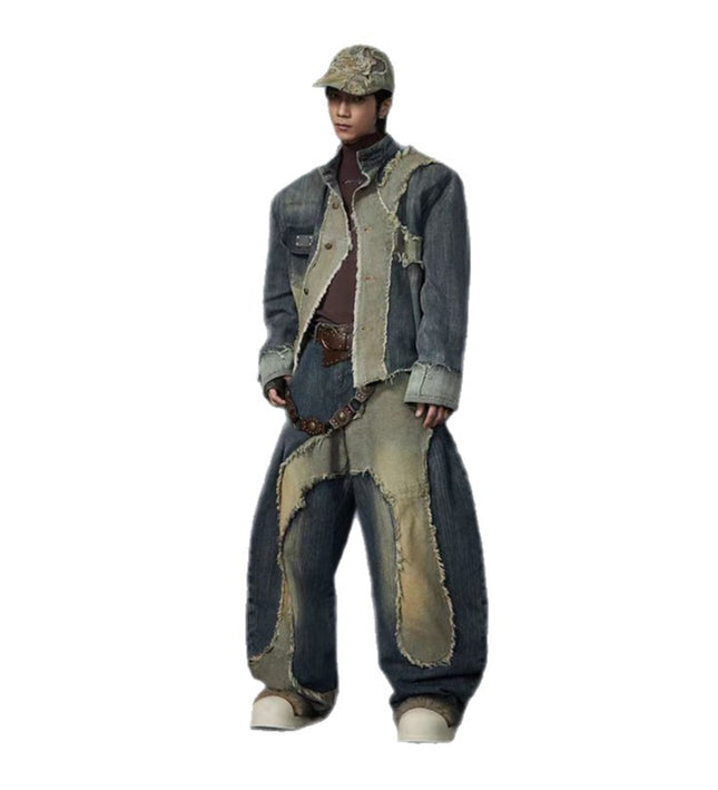 stand collar structure Unisex denim jacket & scimitar jeans