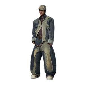 stand collar structure Unisex denim jacket & scimitar jeans