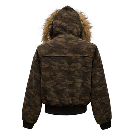 Fur collar camouflage, deconstructed splicing, thickened cargo jacket
