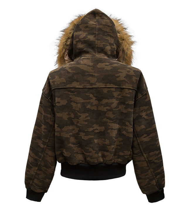 Fur collar camouflage, deconstructed splicing, thickened cargo jacket