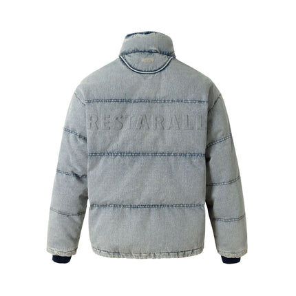 Washed Denim Stand Up Collar White Duck Down Jacket