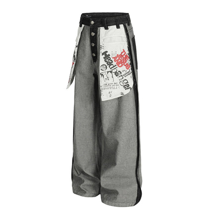reversed, wearing large pocket printed jeans