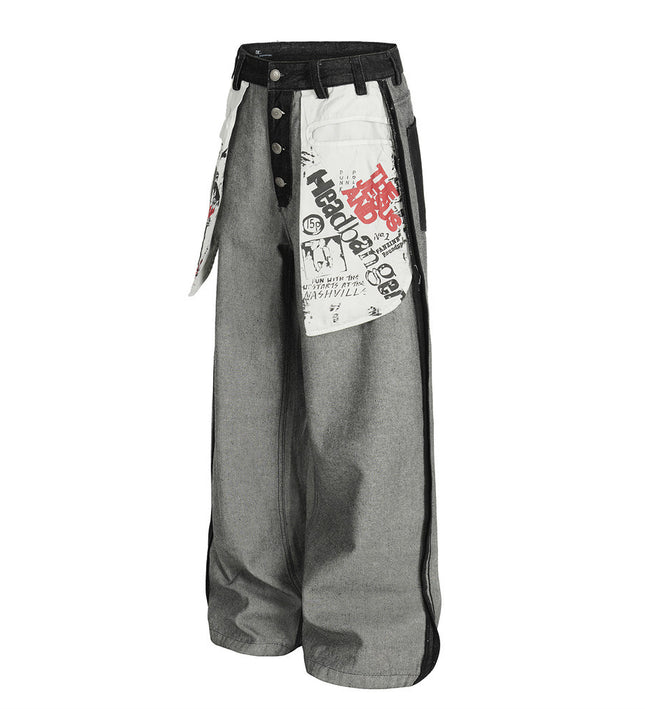 reversed, wearing large pocket printed jeans