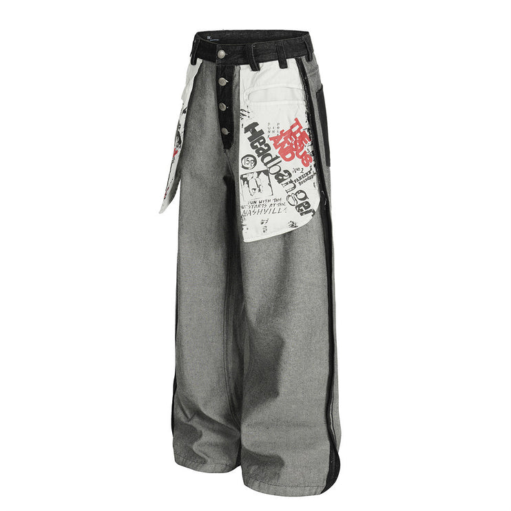 reversed, wearing large pocket printed jeans