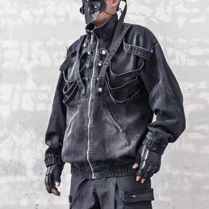 Dark retro washed shoulder pads ripped denim jacket