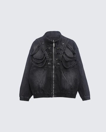 Dark retro washed shoulder pads ripped denim jacket