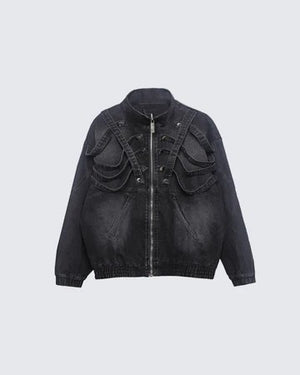 Dark retro washed shoulder pads ripped denim jacket