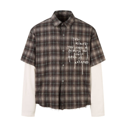 Jiayiku men's clothing 2025 autumn new American street trendy brand fake two pieces of broken ruffian handsome plaid shirt with long sleeves