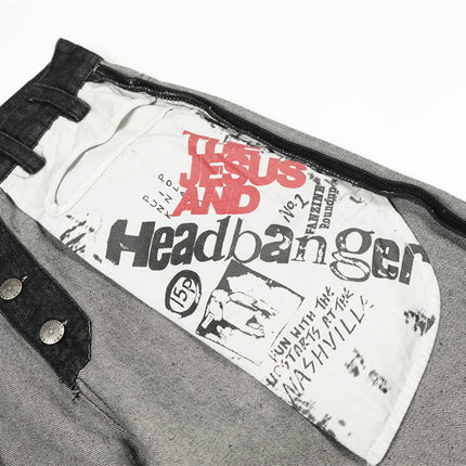 reversed, wearing large pocket printed jeans