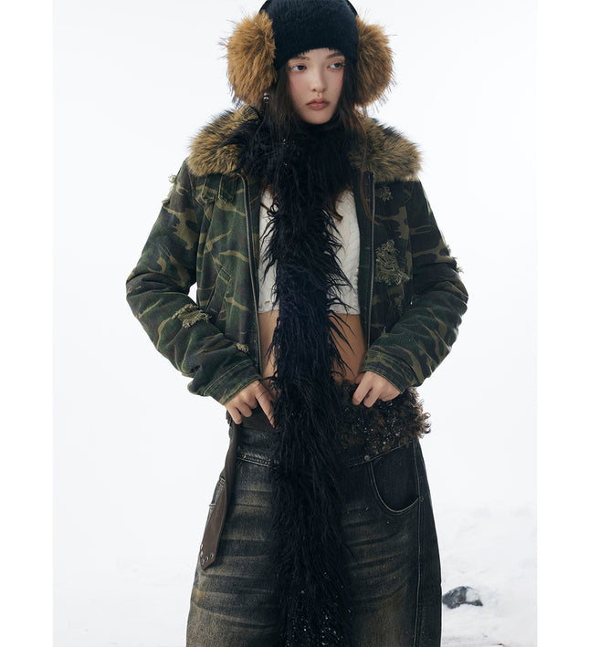 Camo Wash Detachable Fur Jacket