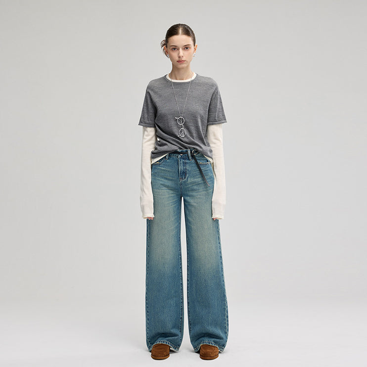 big cow fabric American retro heavy trend slimming wide-leg floor-length pants