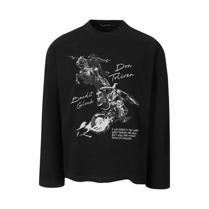 American vintage knight figure print loose long sleeve T-shirt