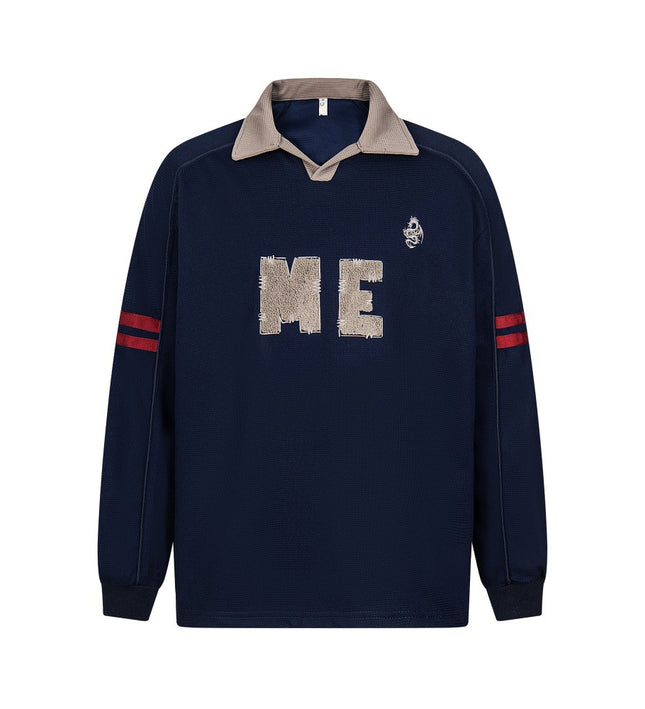 embroidered letter contrast color lapel long-sleeved top casual
