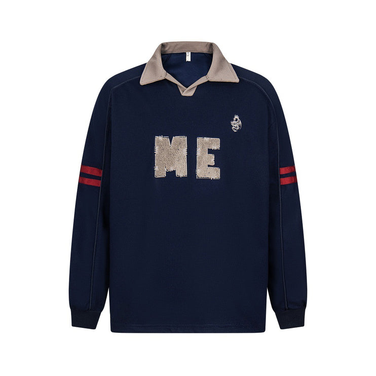 embroidered letter contrast color lapel long-sleeved top casual