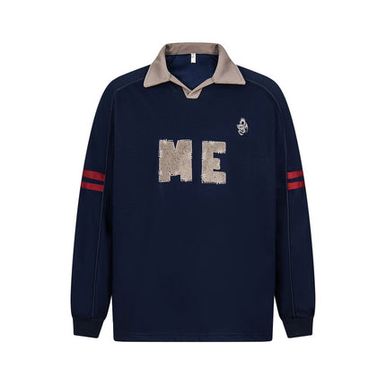 embroidered letter contrast color lapel long-sleeved top casual