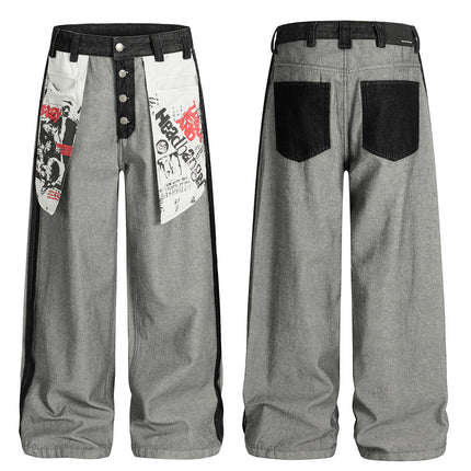 reversed, wearing large pocket printed jeans